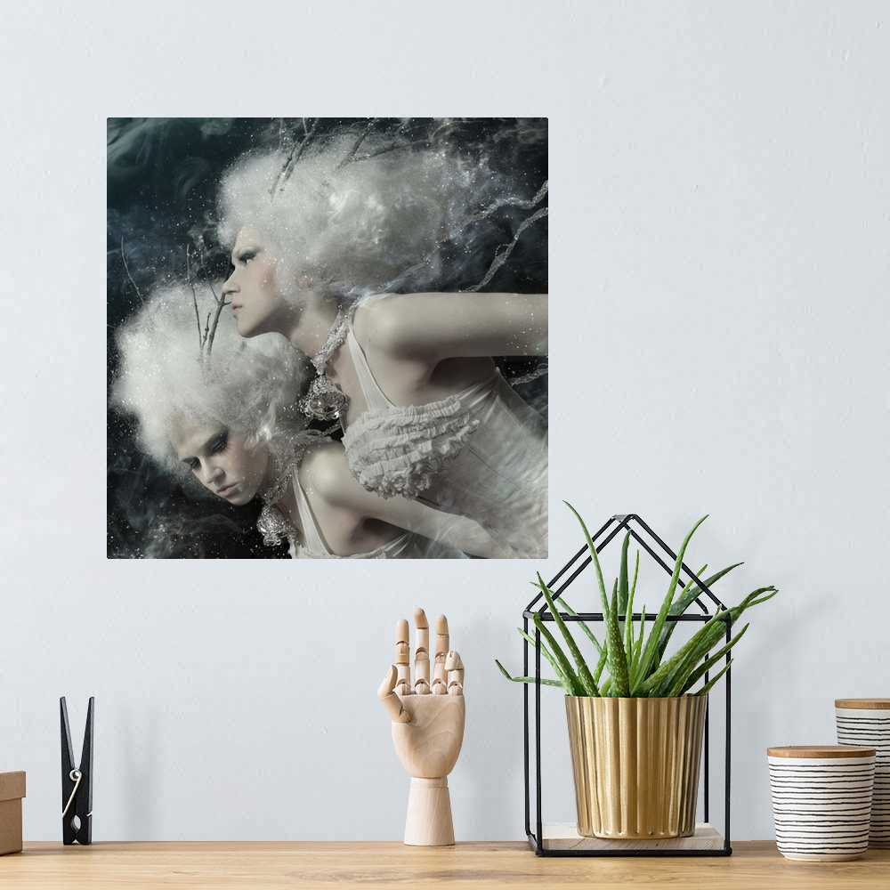 A bohemian room featuring Fantasy image of two Winter Spirits with white hair, wearing branches and bells.