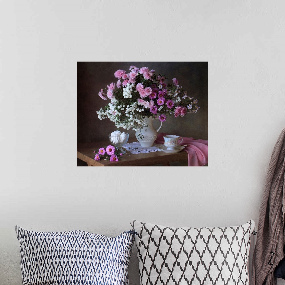 A bohemian room featuring Still Life With Chrysanthemums