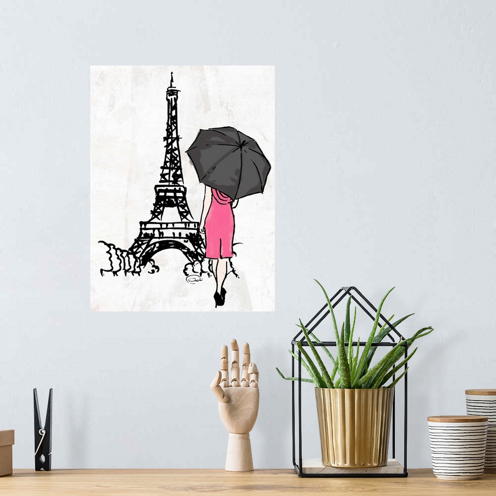 A bohemian room featuring Artwork of a woman in a pink dress under a black umbrella walking toward a famous Parisian monume...
