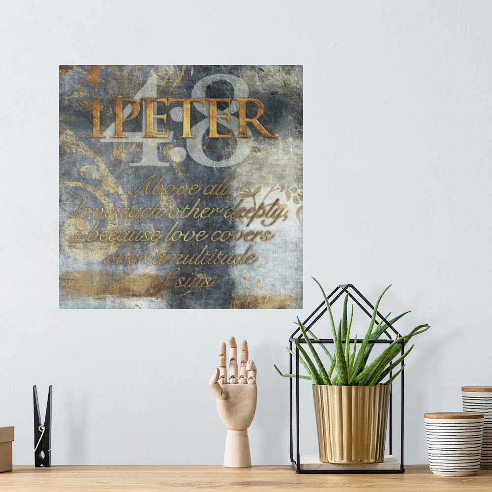 A bohemian room featuring Typography art of the Bible verse 1 Peter 4:8.