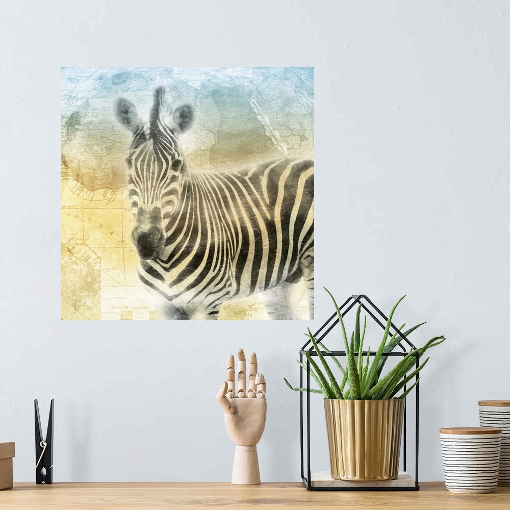 A bohemian room featuring A heavily textured painting of a zebra on top of a map of Africa with cool tones at the top fadin...