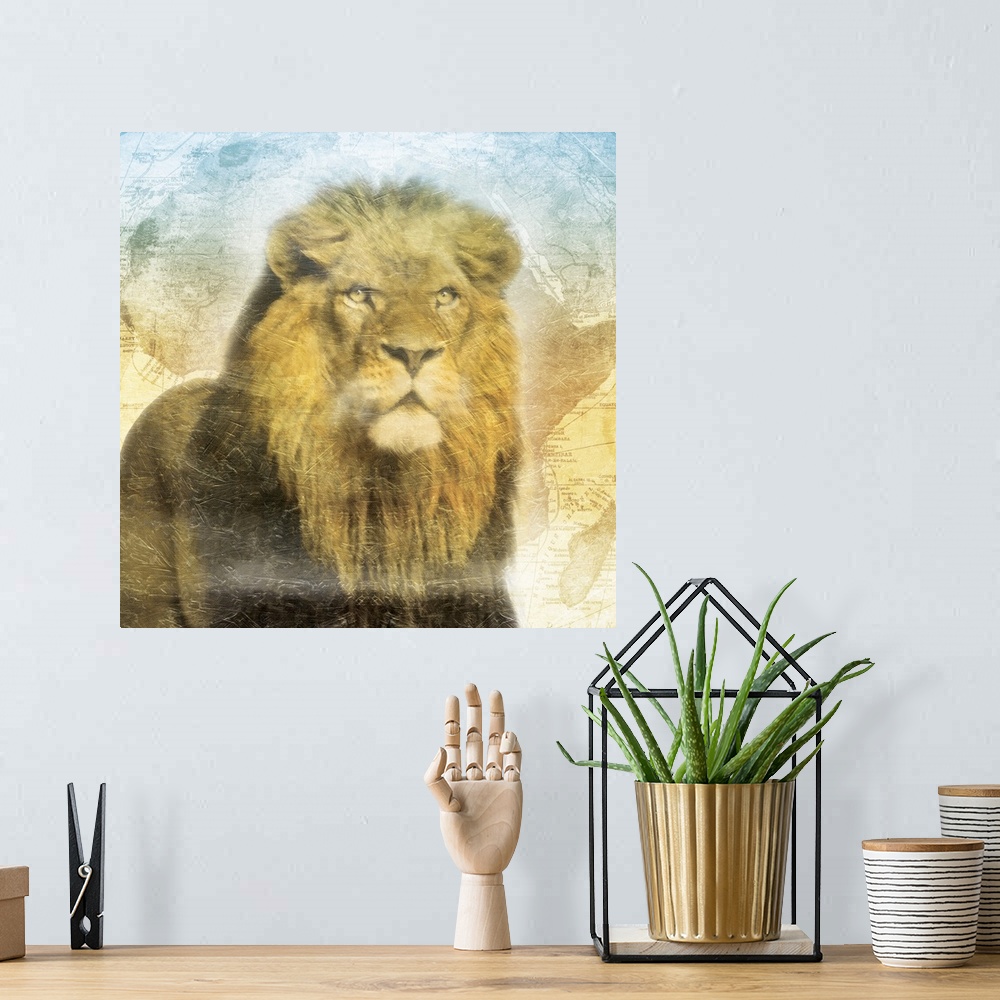 A bohemian room featuring A heavily textured painting of a Lion on top of a map of Africa with cool tones at the top fading...