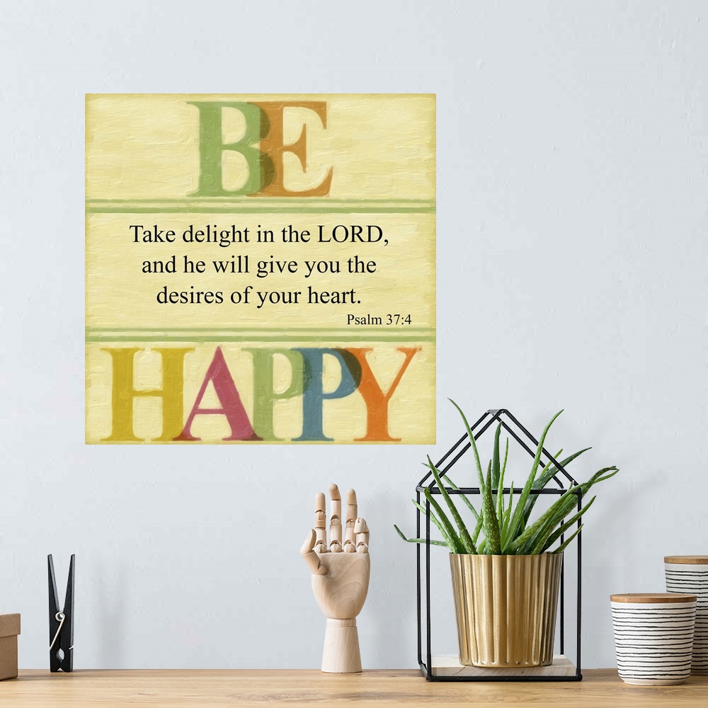A bohemian room featuring Bible verse Psalm 37:4 framed by letters in rainbow colors.