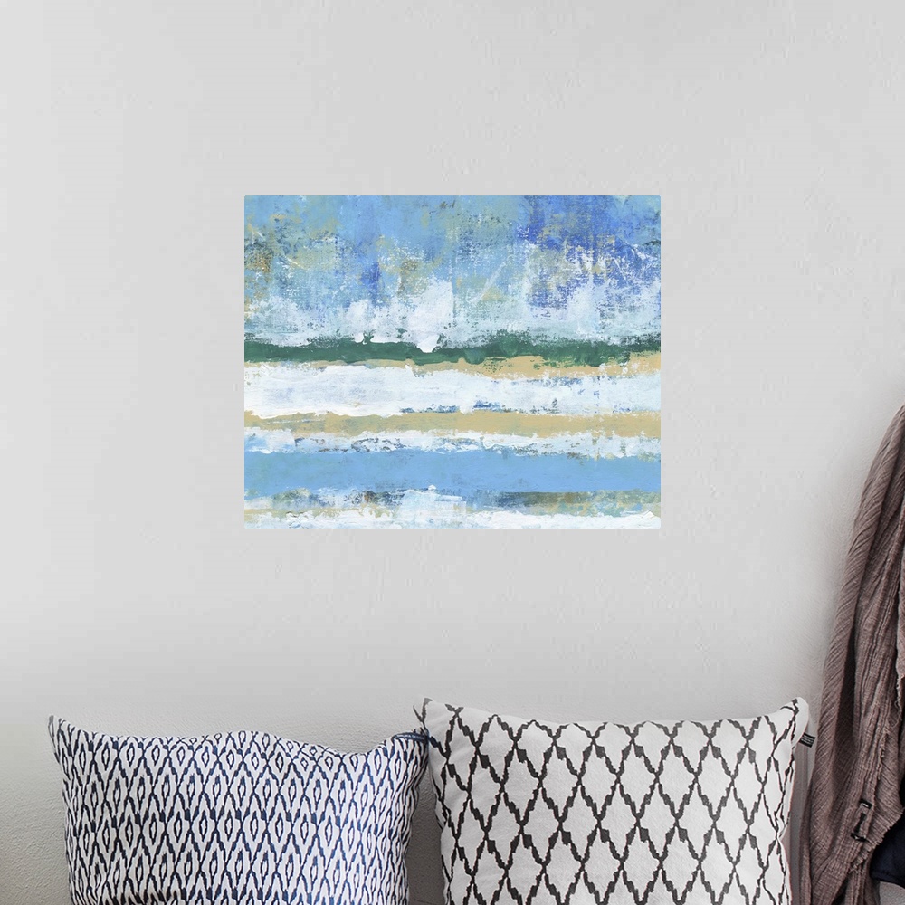 A bohemian room featuring Contemporary abstract painting resembling an ocean landscape with a sandy beach.