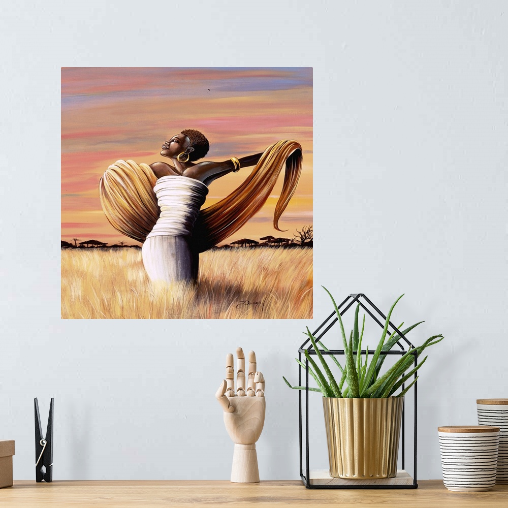A bohemian room featuring Contemporary African painting of a woman in a field raising her arms.