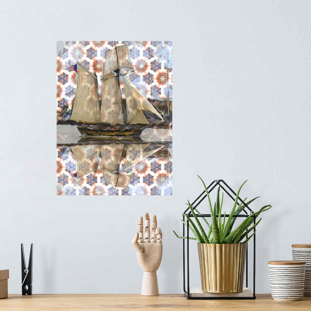 A bohemian room featuring Abstract painting of a sailboat with a star pattern on the sky reflecting into the water.
