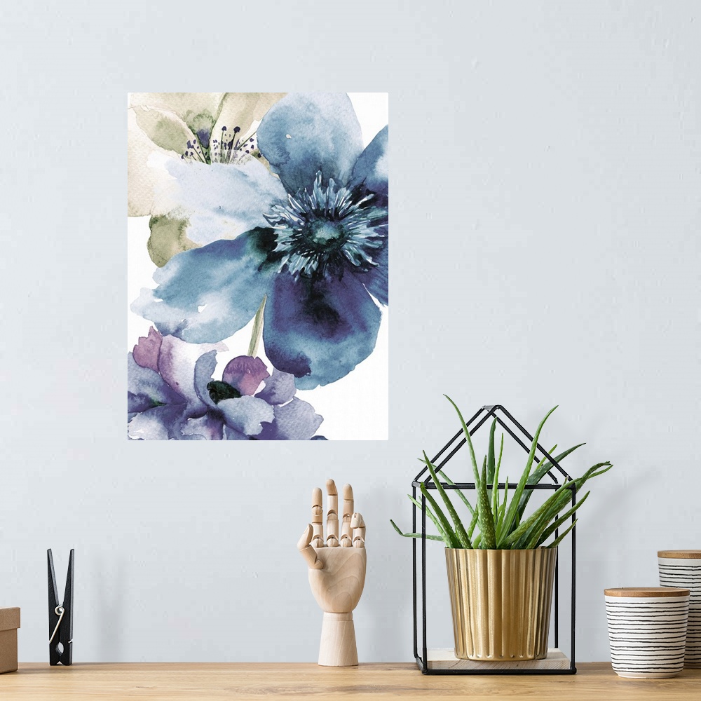 A bohemian room featuring Contemporary watercolor painting of pale blue flowers with broad petals.