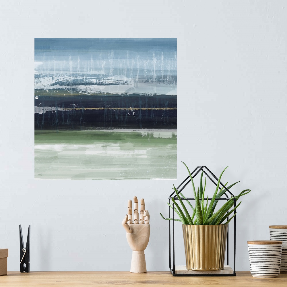 A bohemian room featuring Abstract contemporary painting with a gradient of two colors meeting near the middle of the canva...