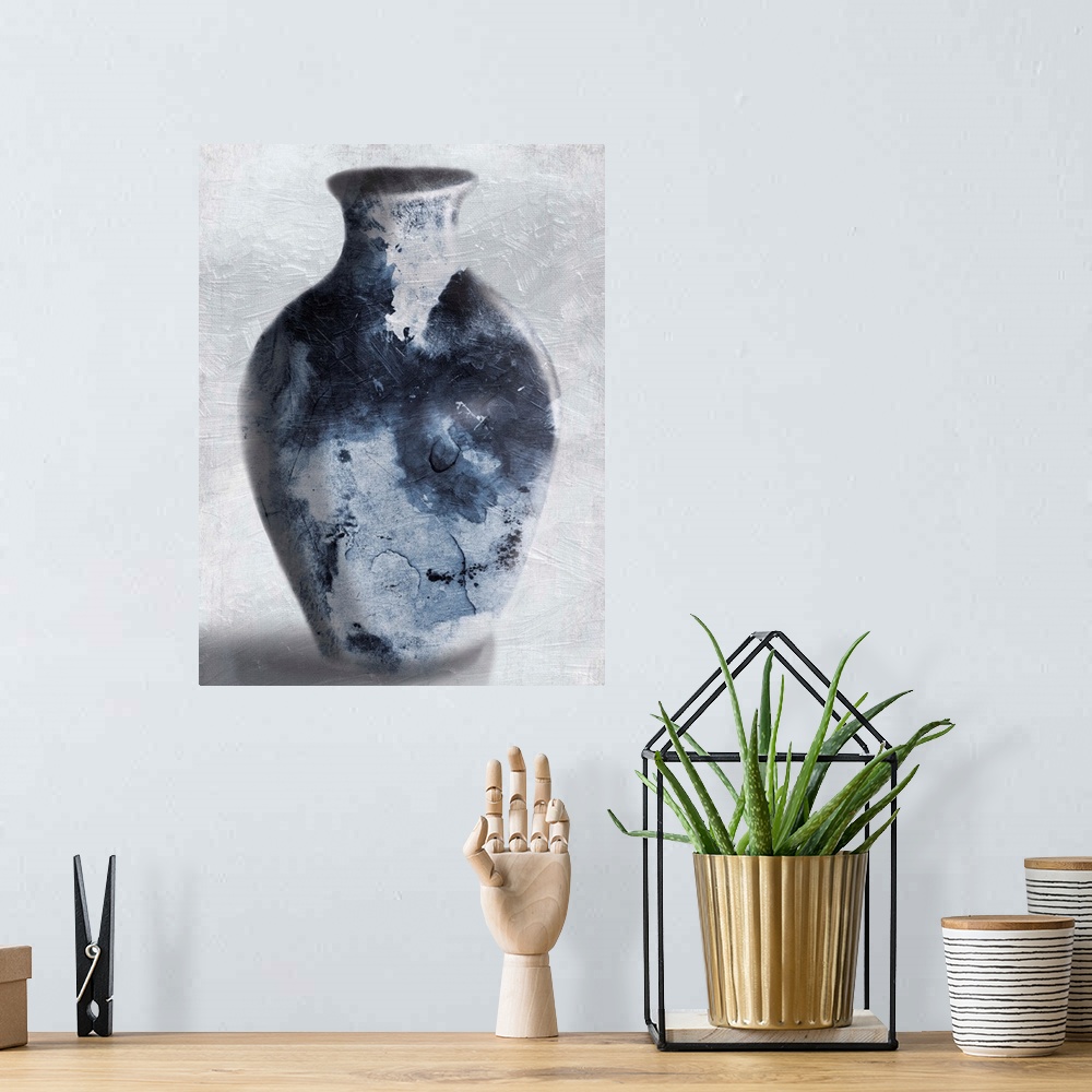 A bohemian room featuring Watercolor painting of a dark blue vase casting a shadow.