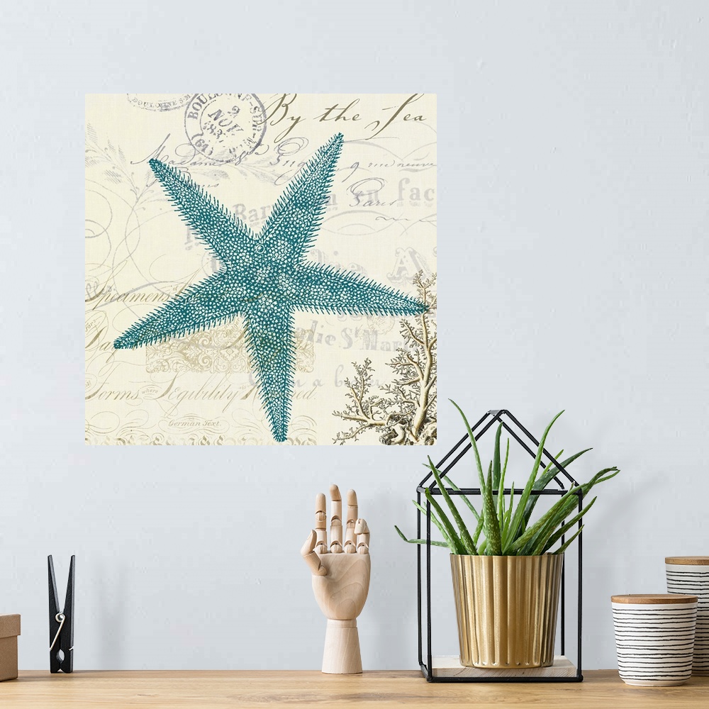 A bohemian room featuring Artwork of a blue starfish against a beige background with a postage stamp and script written on it.