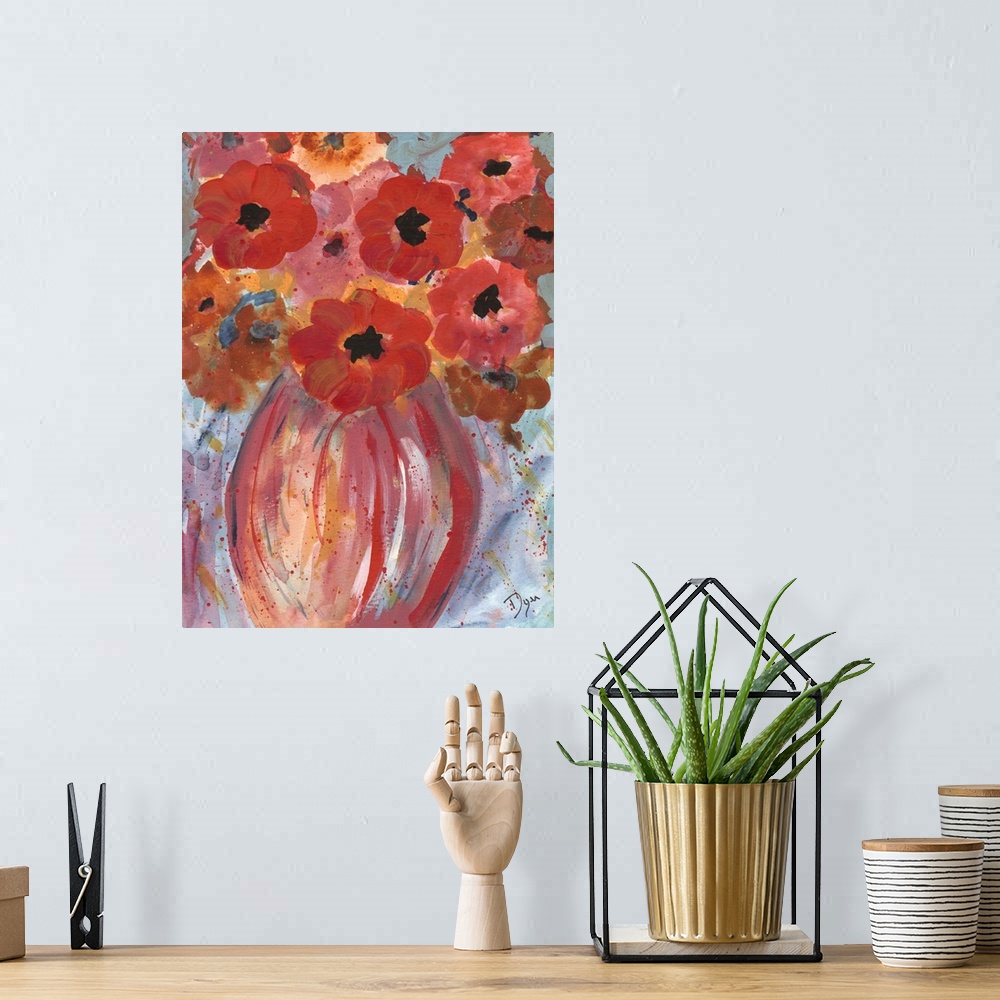 A bohemian room featuring Contemporary painting of a vase holding warm toned flowers.