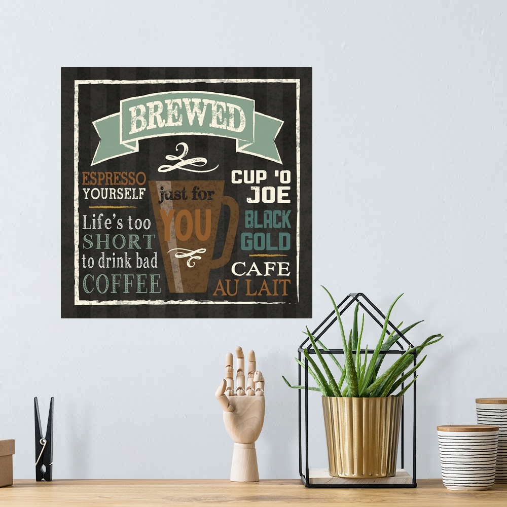 A bohemian room featuring Chalkboard style artwork featuring a  mug of coffee and coffee-related phrases.