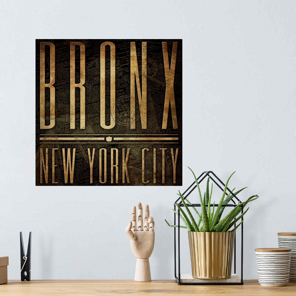 A bohemian room featuring Typographical travel art with the text "Bronx, New York City" in a rustic, weathered look.