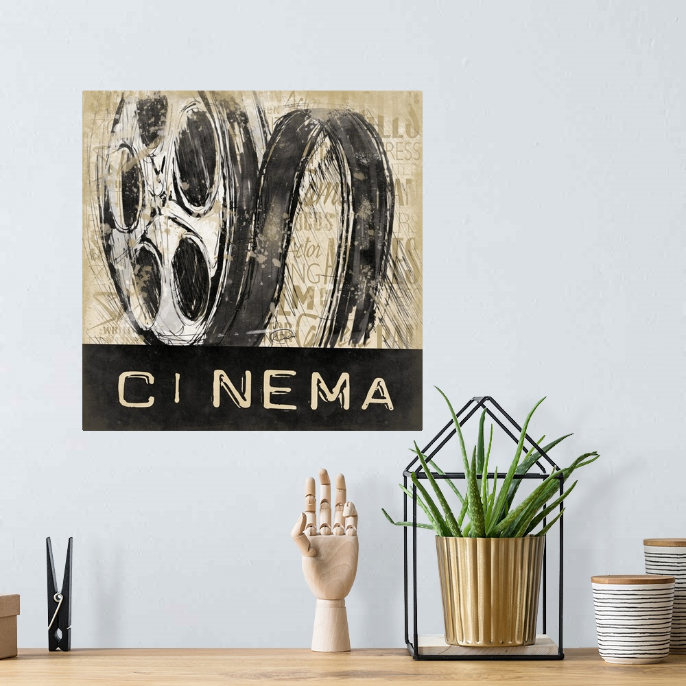 A bohemian room featuring Contemporary artwork with sketch stylized film reel against a text background. The word "Cinema "...