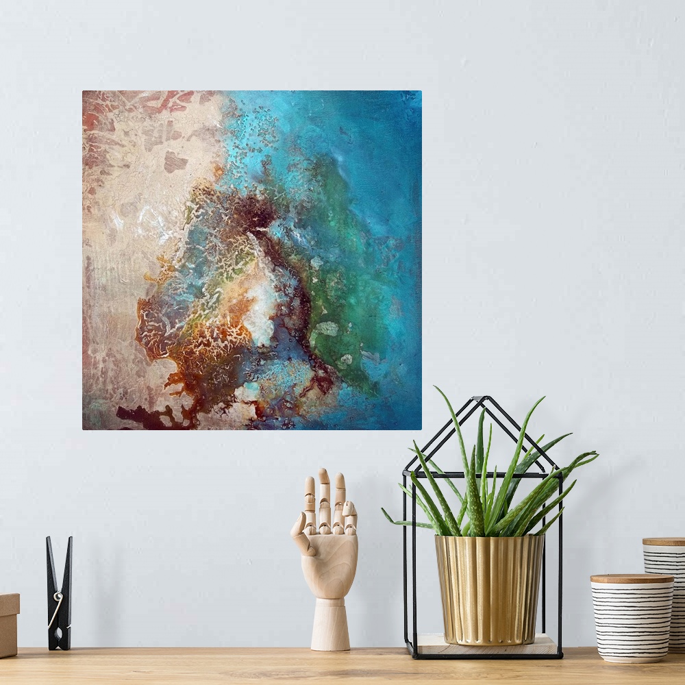 A bohemian room featuring Contemporary abstract painting using vibrant cool tones colliding with a raw earth tones to creat...