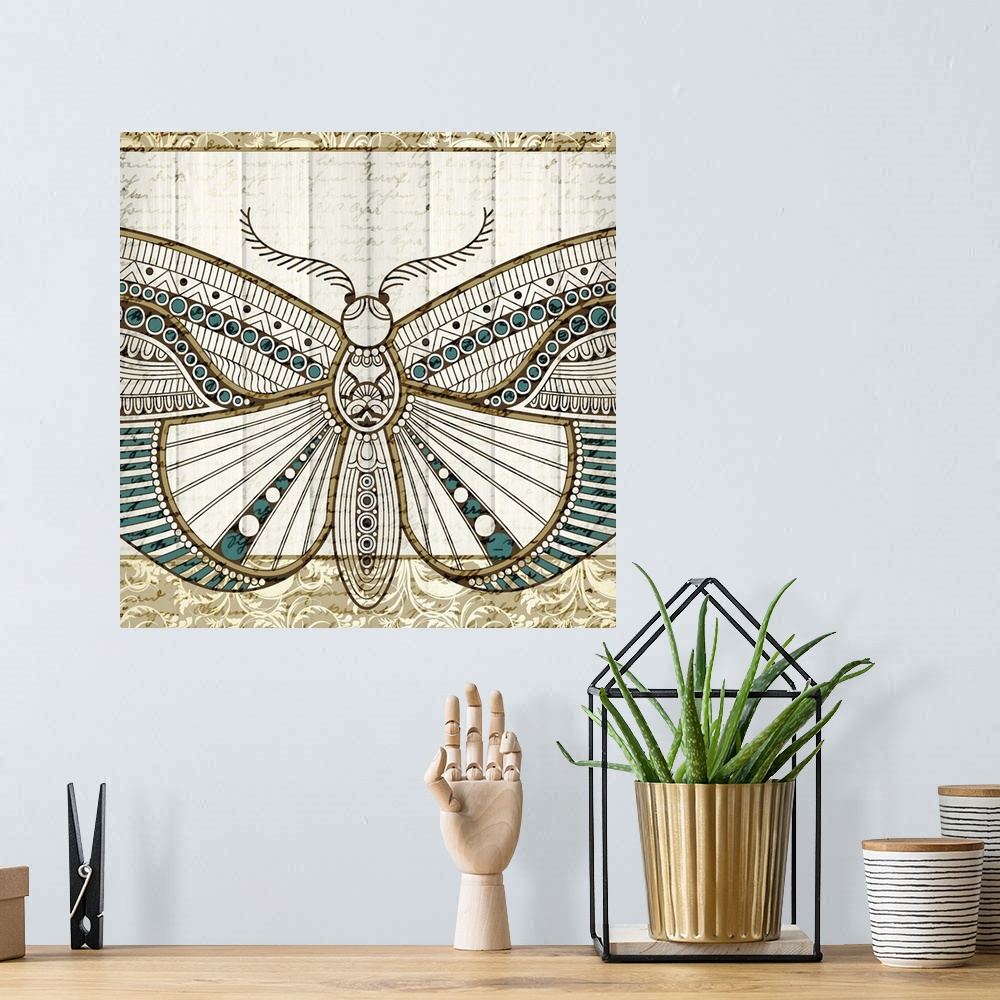 A bohemian room featuring Square art that has a butterfly with intricately designed wings in teal, tan, and brown on a whit...