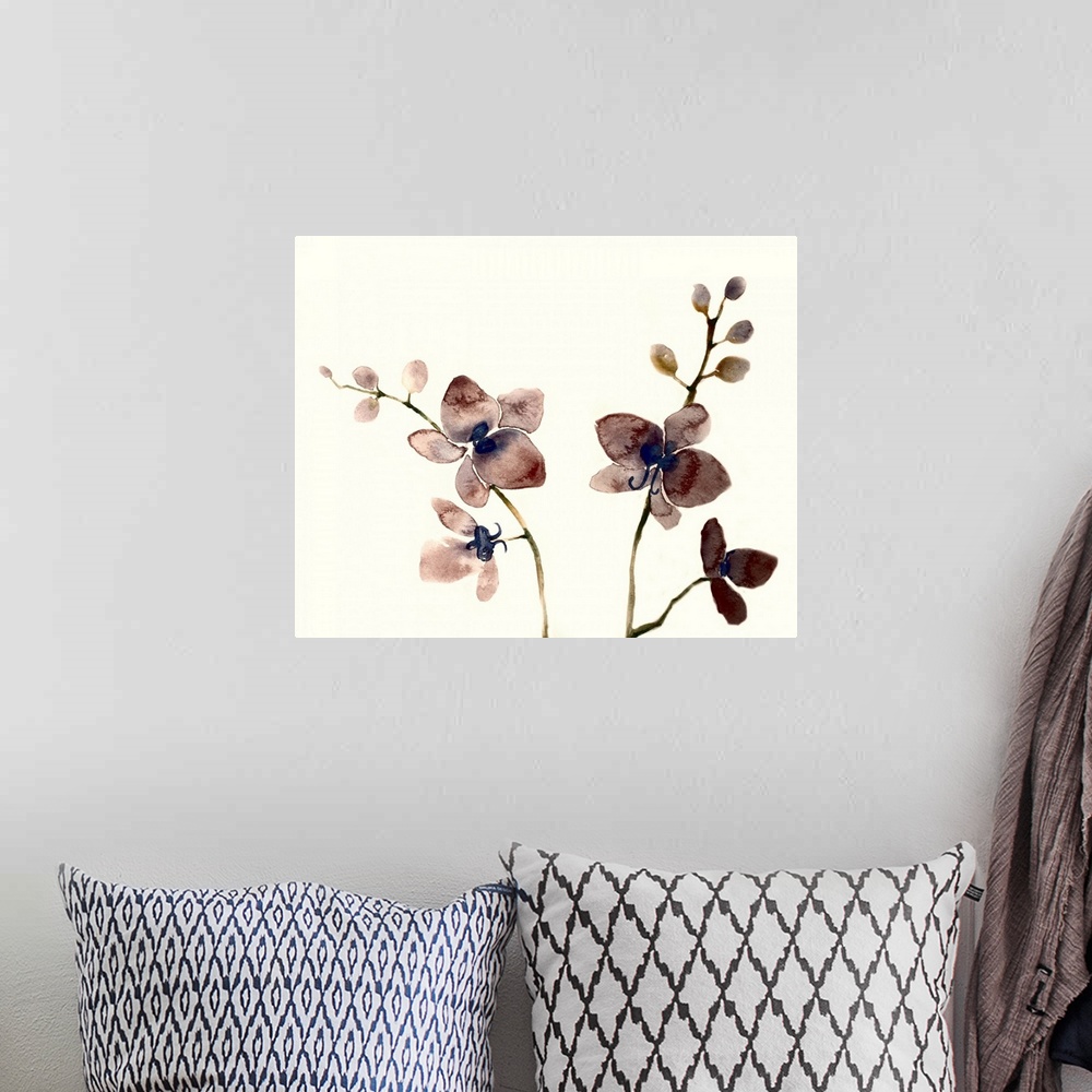 A bohemian room featuring Watercolor painting of four dark purple orchids on two different plants with a solid cream colore...