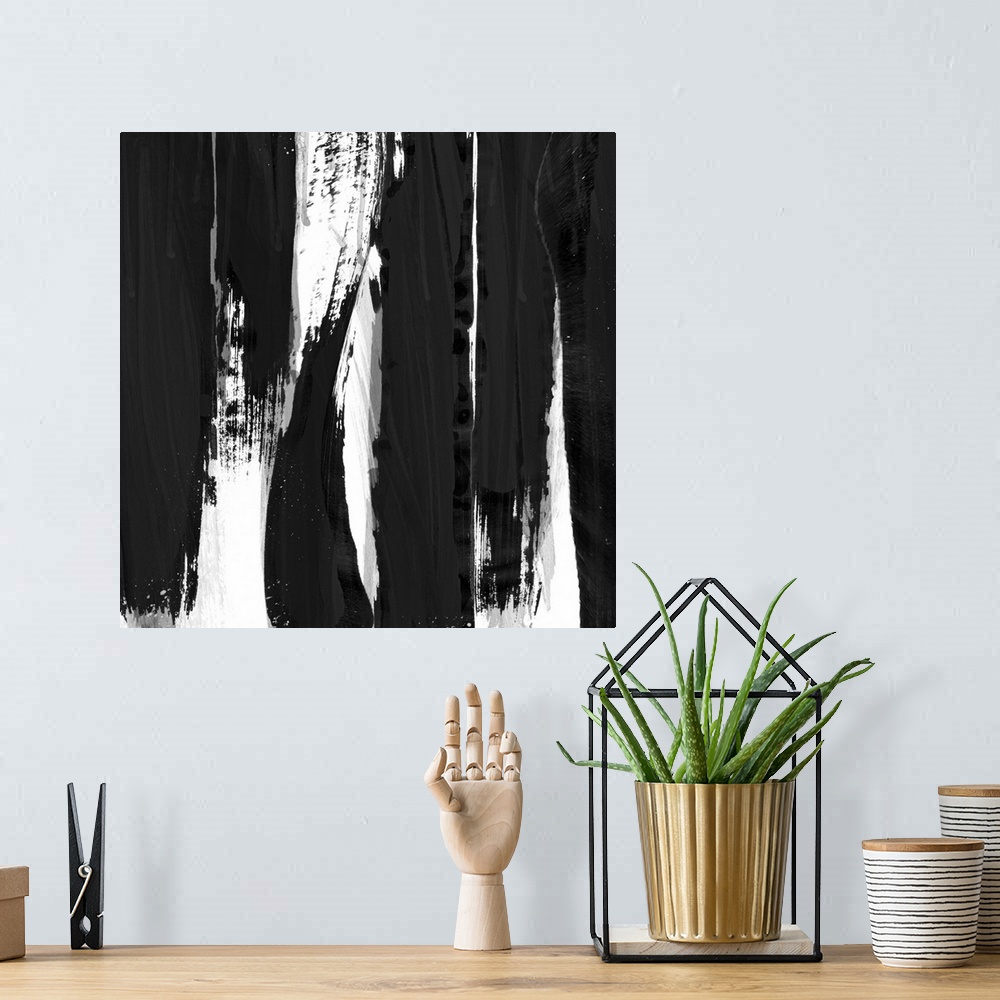 A bohemian room featuring Abstract painting with bold vertical streaks.