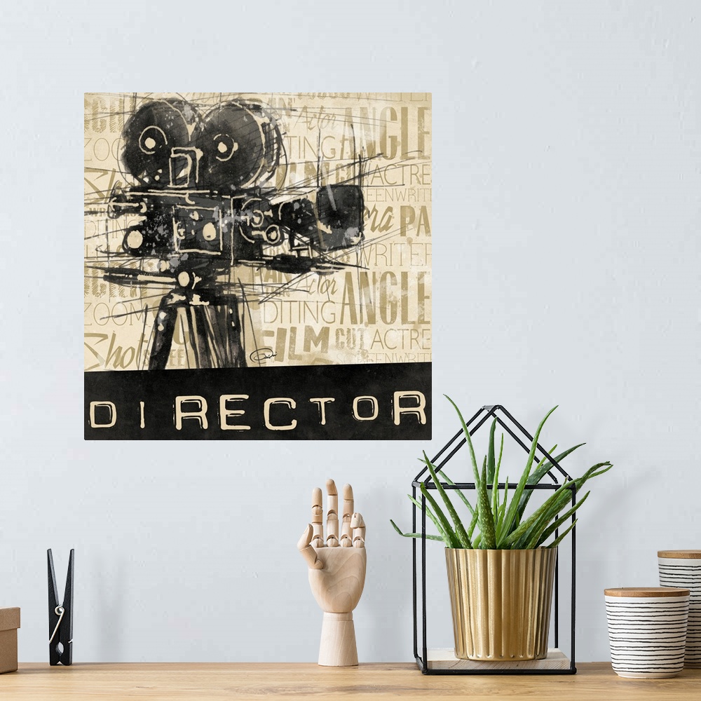 A bohemian room featuring Contemporary artwork with sketch stylized movie camera against a text background. The word "Direc...