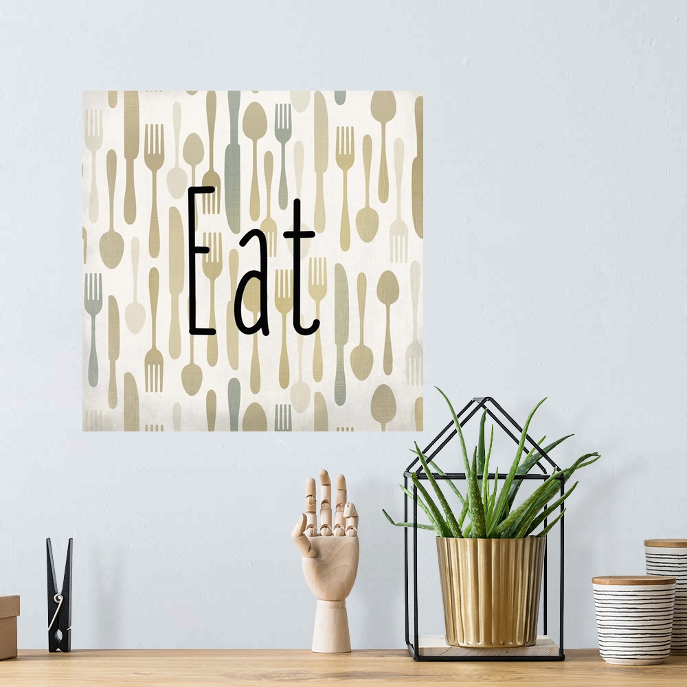 A bohemian room featuring The word Eat in black text over a pattern of forks, spoons, and knives.