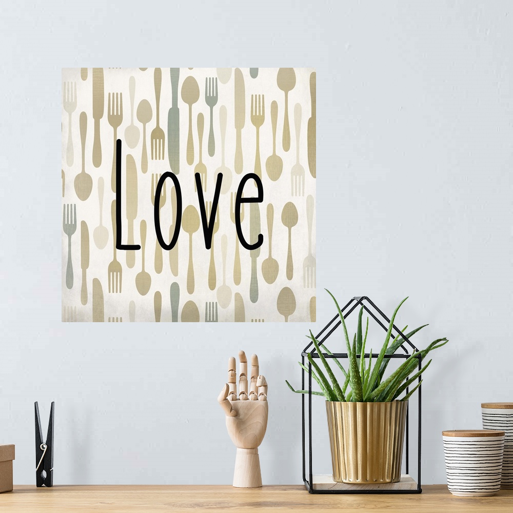 A bohemian room featuring The word Love in black text over a pattern of forks, spoons, and knives.