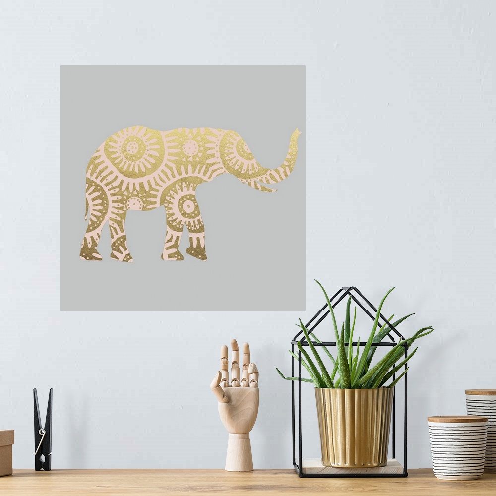 A bohemian room featuring Square illustration of a pink elephant with metallic gold designs on a gray background.