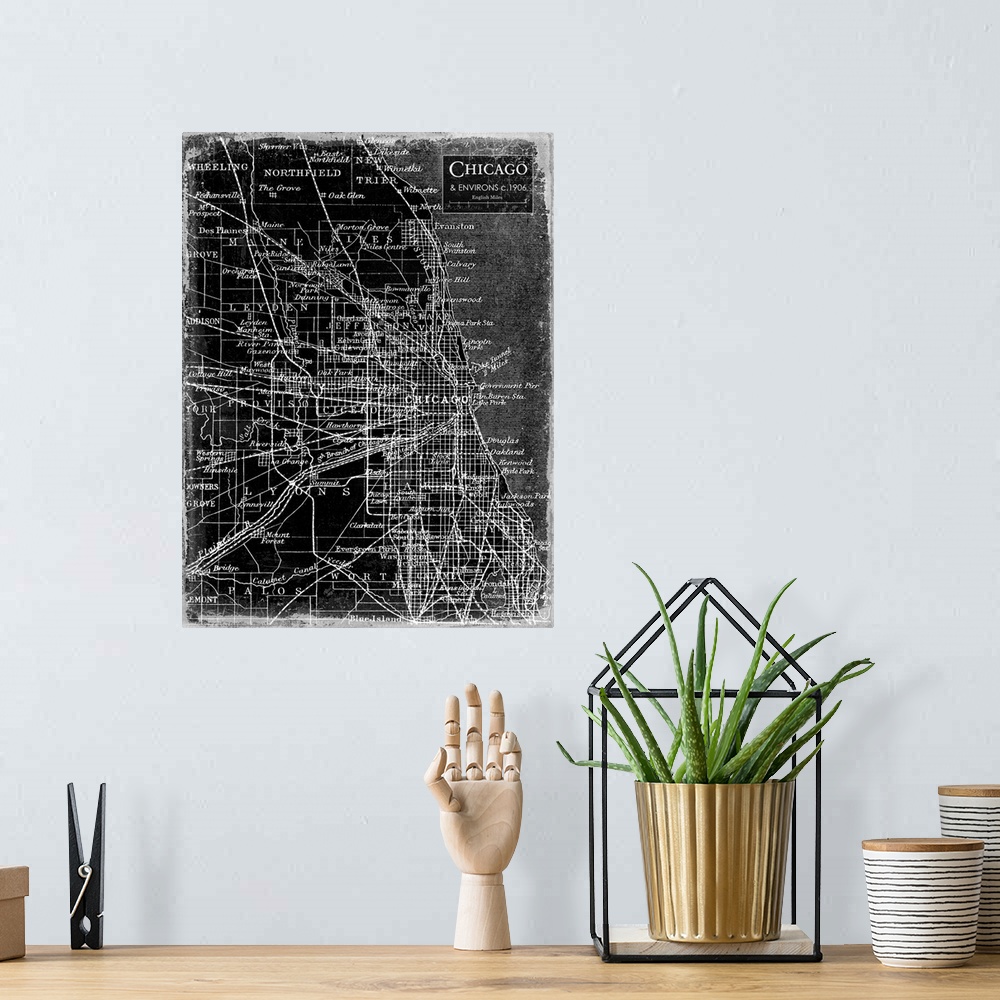 A bohemian room featuring Rustic contemporary art map of Chicago districts, in black and white.