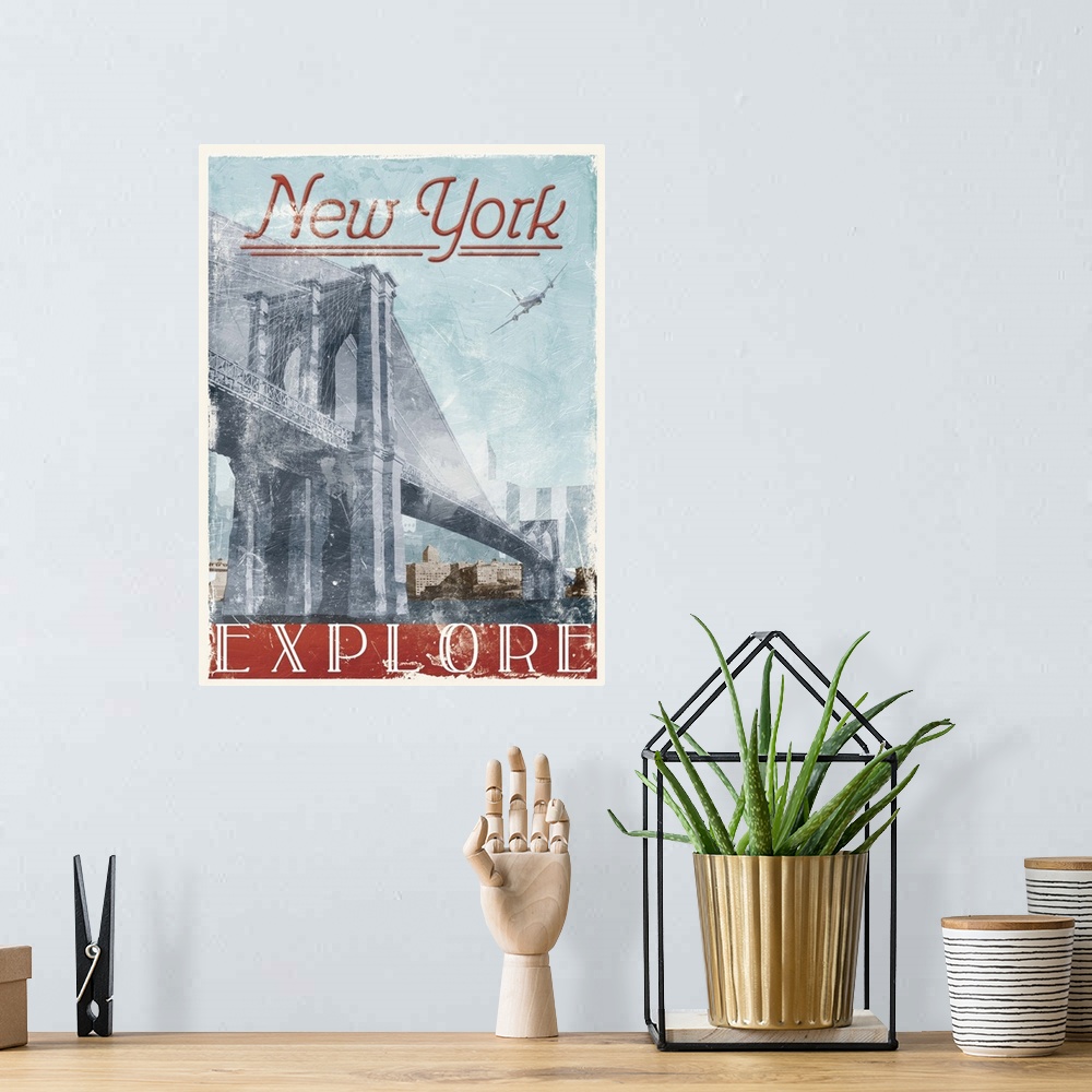 A bohemian room featuring Home decor artwork of a travel poster for New York city in a vintage style.