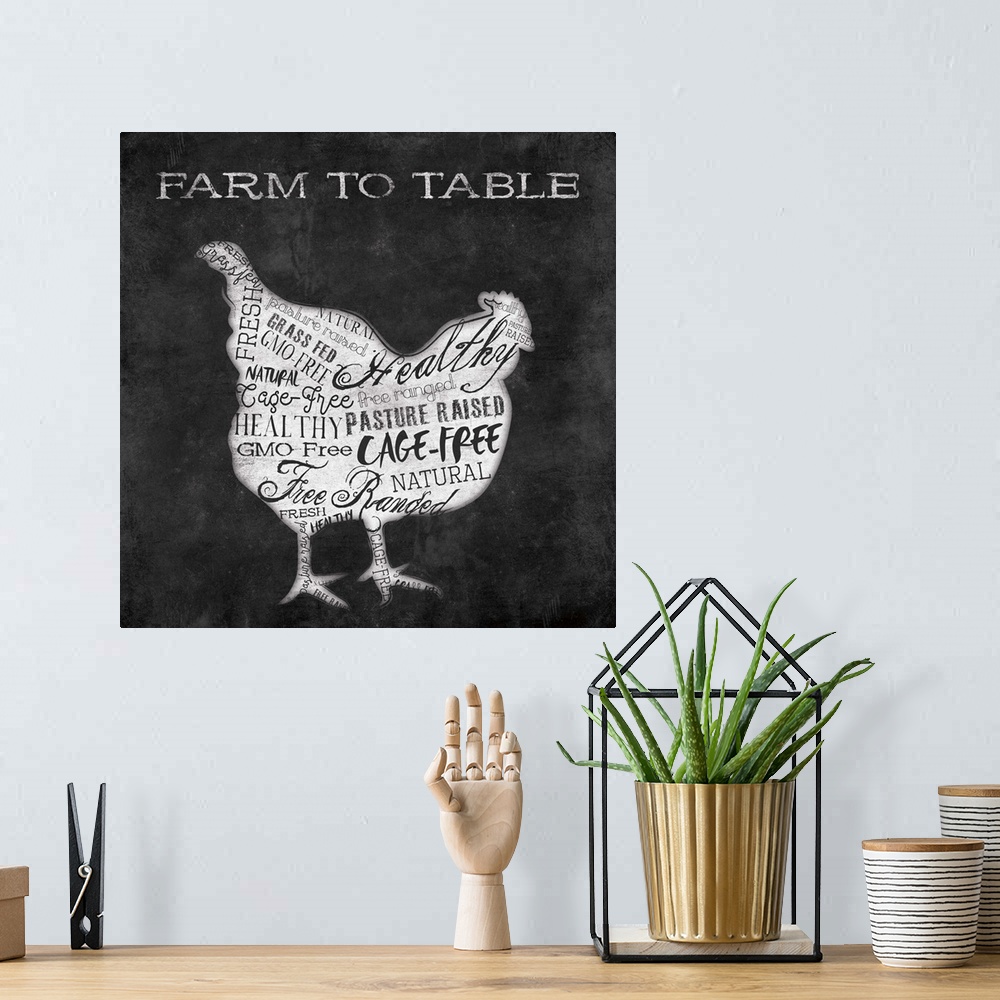 A bohemian room featuring Folksy home decor artwork of a chicken in silhouette with typography in the silhouette.