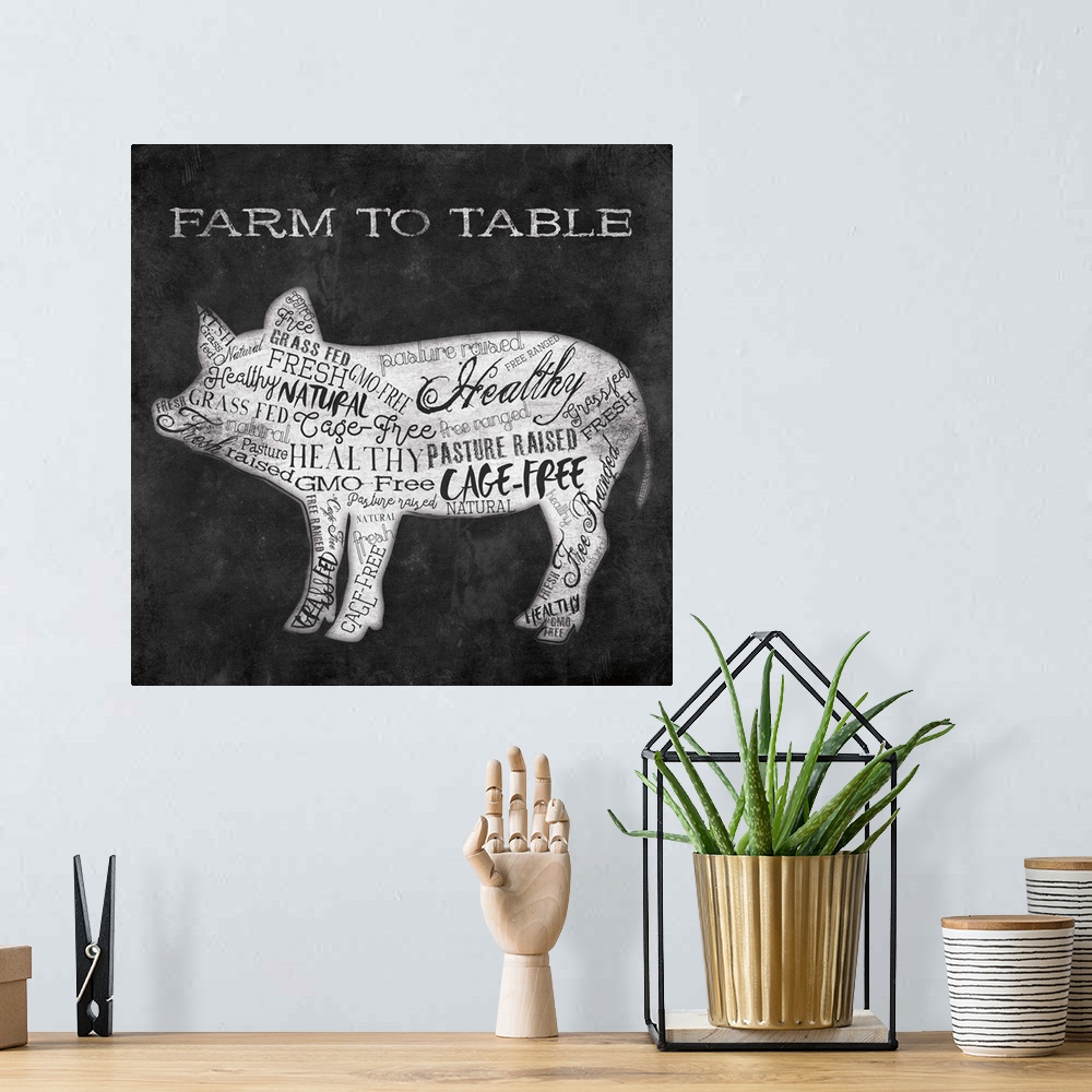 A bohemian room featuring Folksy home decor artwork of a pig in silhouette with typography in the silhouette.