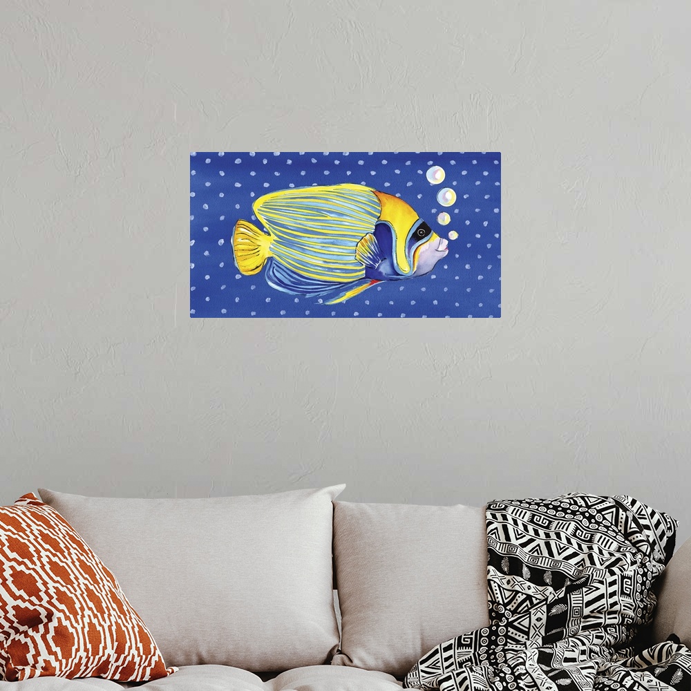 A bohemian room featuring Contemporary piece of art of tropical fish against a polka dot background.