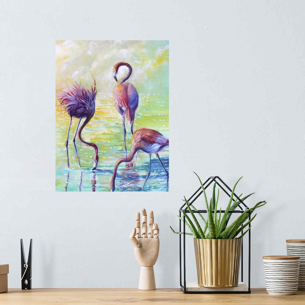 A bohemian room featuring Contemporary colorful painting of vibrant pink flamingo standing in still shallow water.