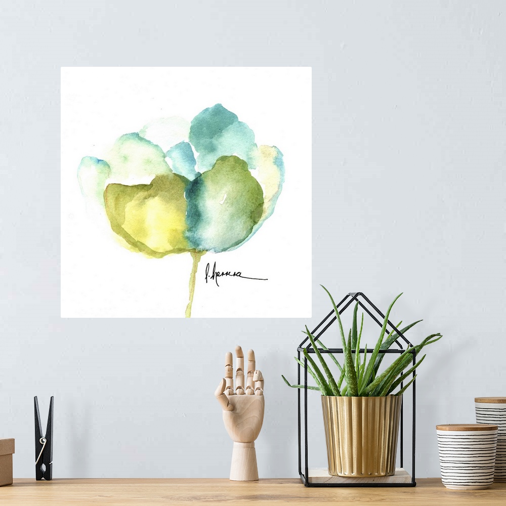 A bohemian room featuring Watercolor painting of a poppy flower in blue and green shades.