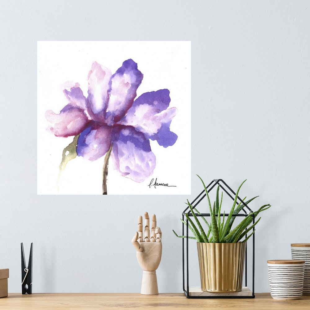 A bohemian room featuring Watercolor painting of a purple flower with large petals.