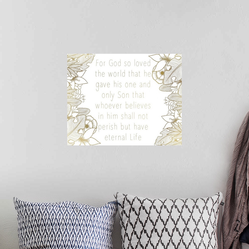 A bohemian room featuring A simple Bible Verse bordered on both sides with a sepia toned floral motif.
