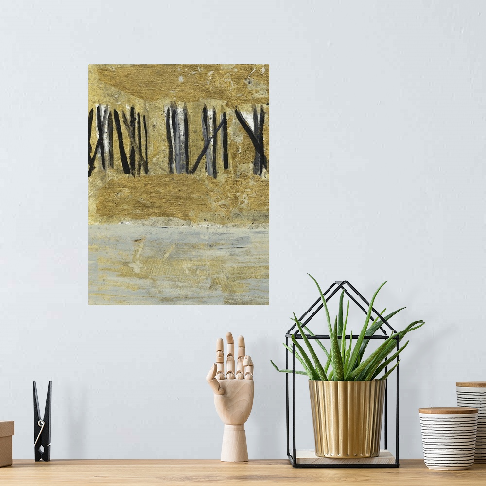 A bohemian room featuring Abstract painting using textured gold and dark bold lines in a fence formation.