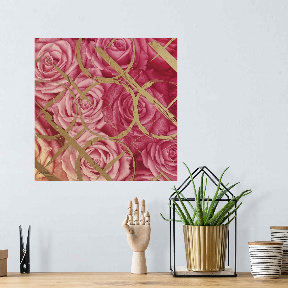 A bohemian room featuring A photograph of pink roses with a gold design overlay.