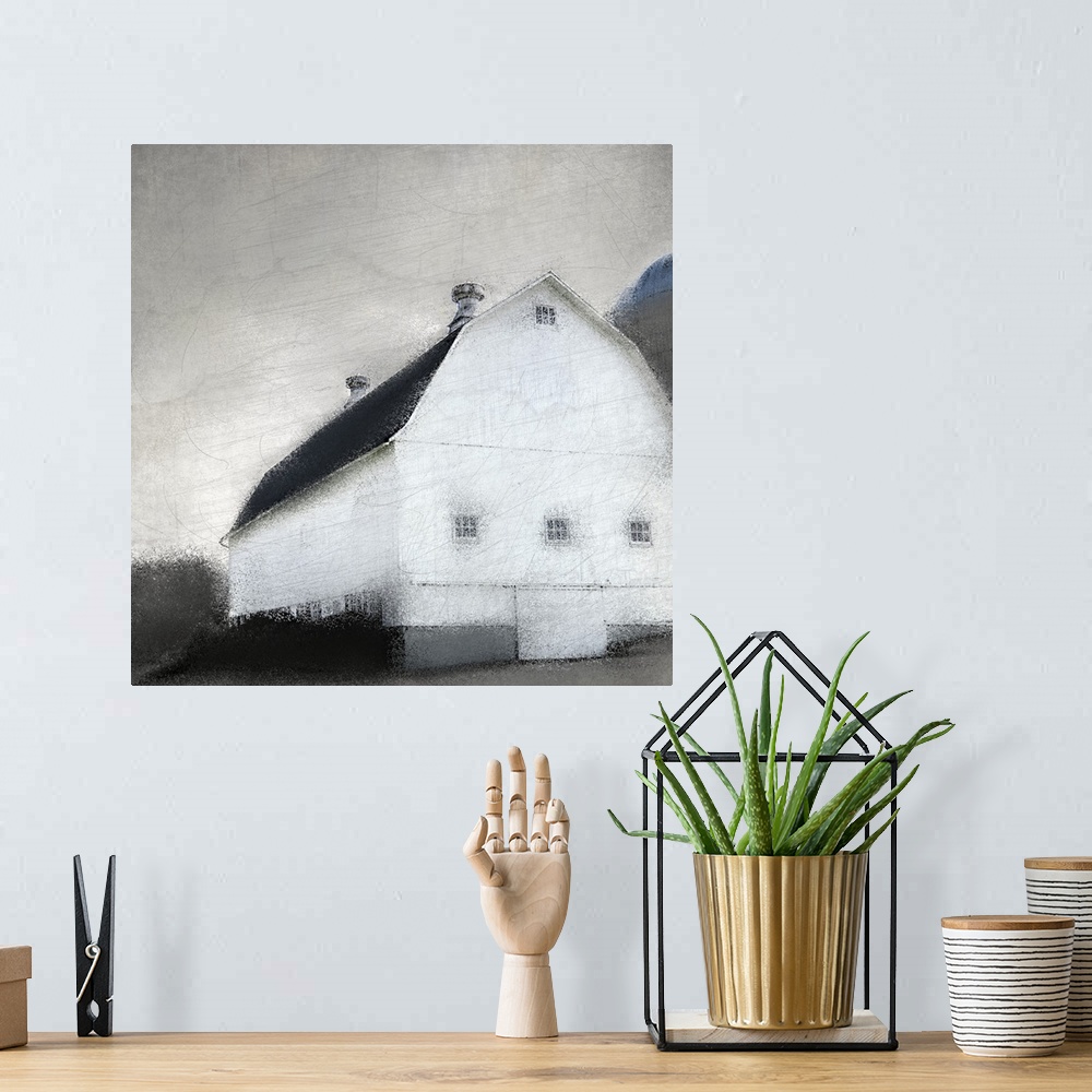 A bohemian room featuring An image in shades of gray of a barn with trees behind it and a gray sky with a textured overlay.