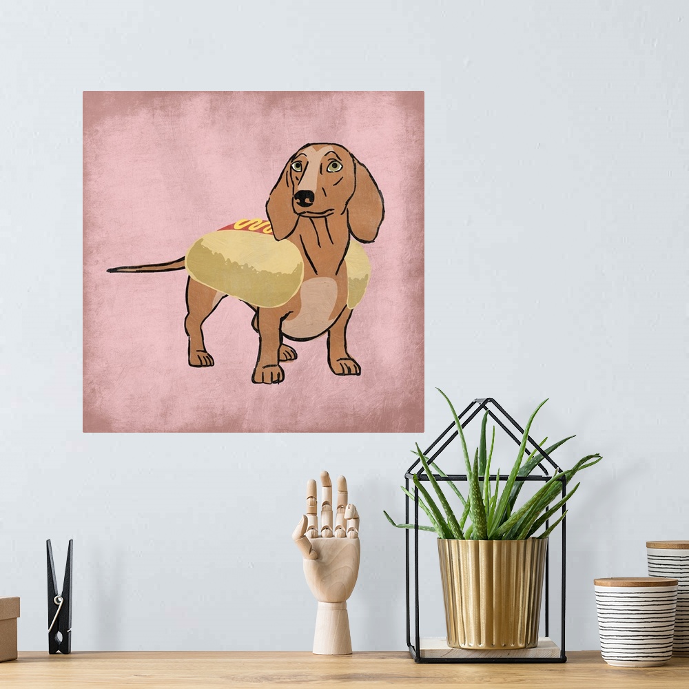 A bohemian room featuring A painting of a doxen wearing a hot dog costume.