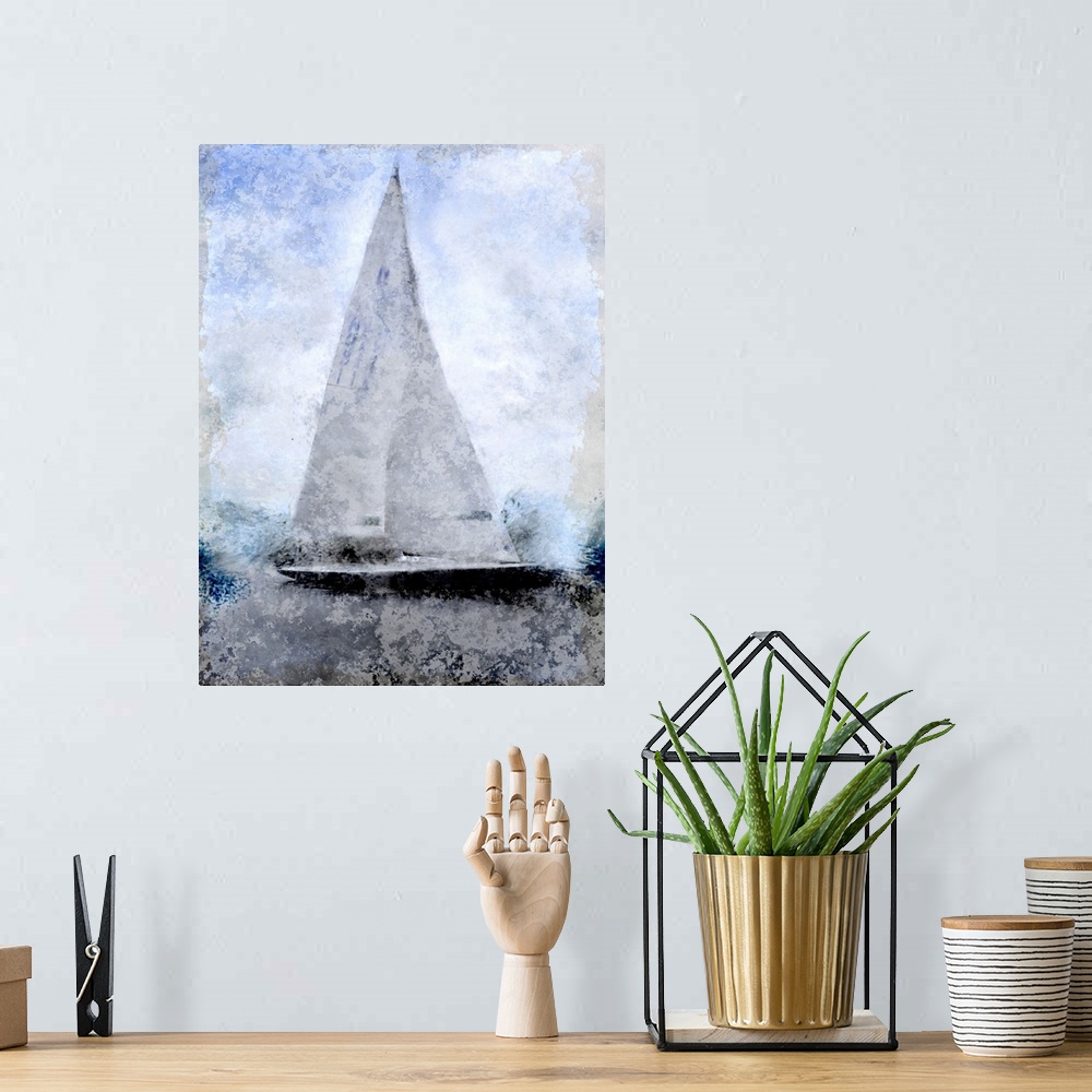 A bohemian room featuring Contemporary artwork of a sailboat with a tall sharp sail sitting in a harbor with an overall smo...