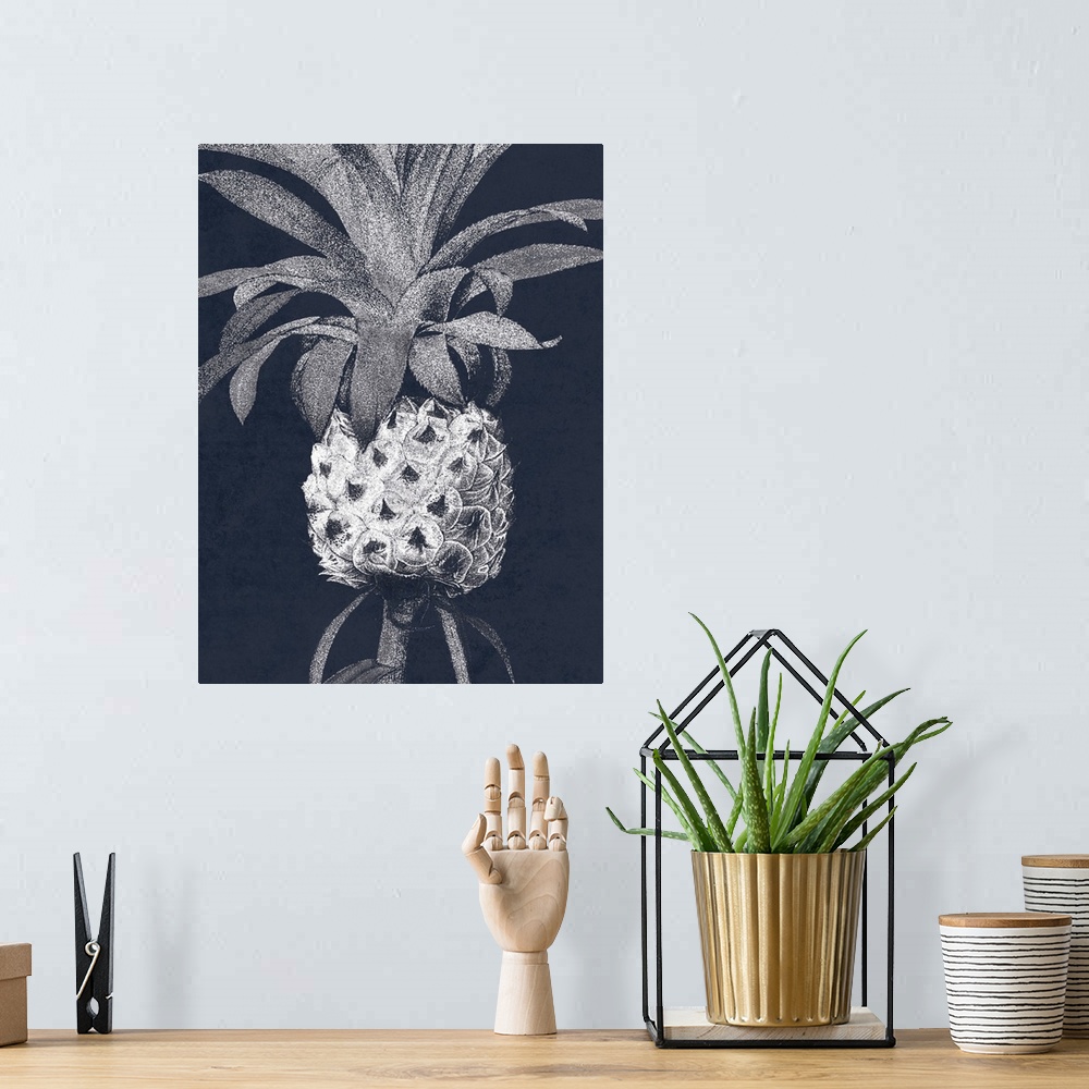 A bohemian room featuring A painting of a white pineapple on an indigo background.