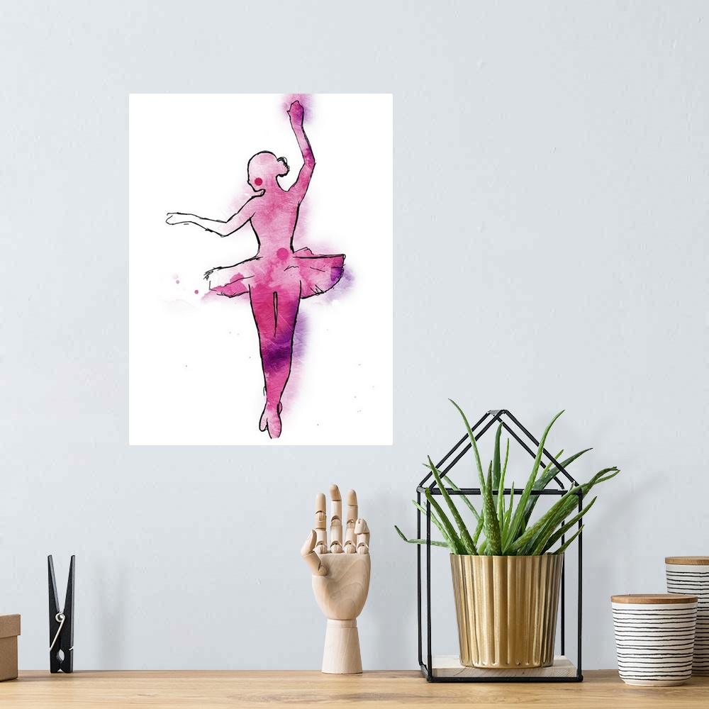 A bohemian room featuring A black outline of a ballerina wearing a tutu painted with pink and purple hues on a white backgr...