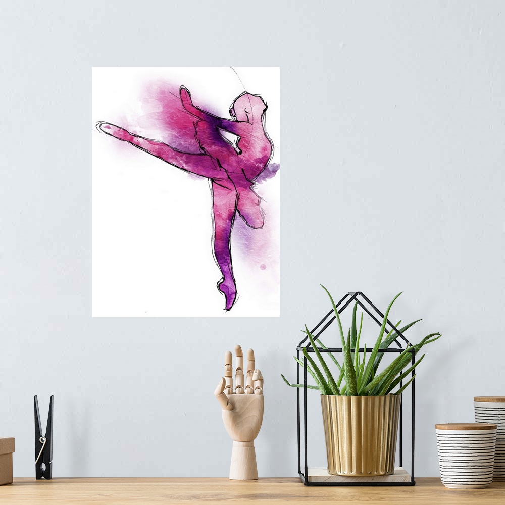 A bohemian room featuring A black outline of a ballerina in motion painted with pink and purple hues on a white background.