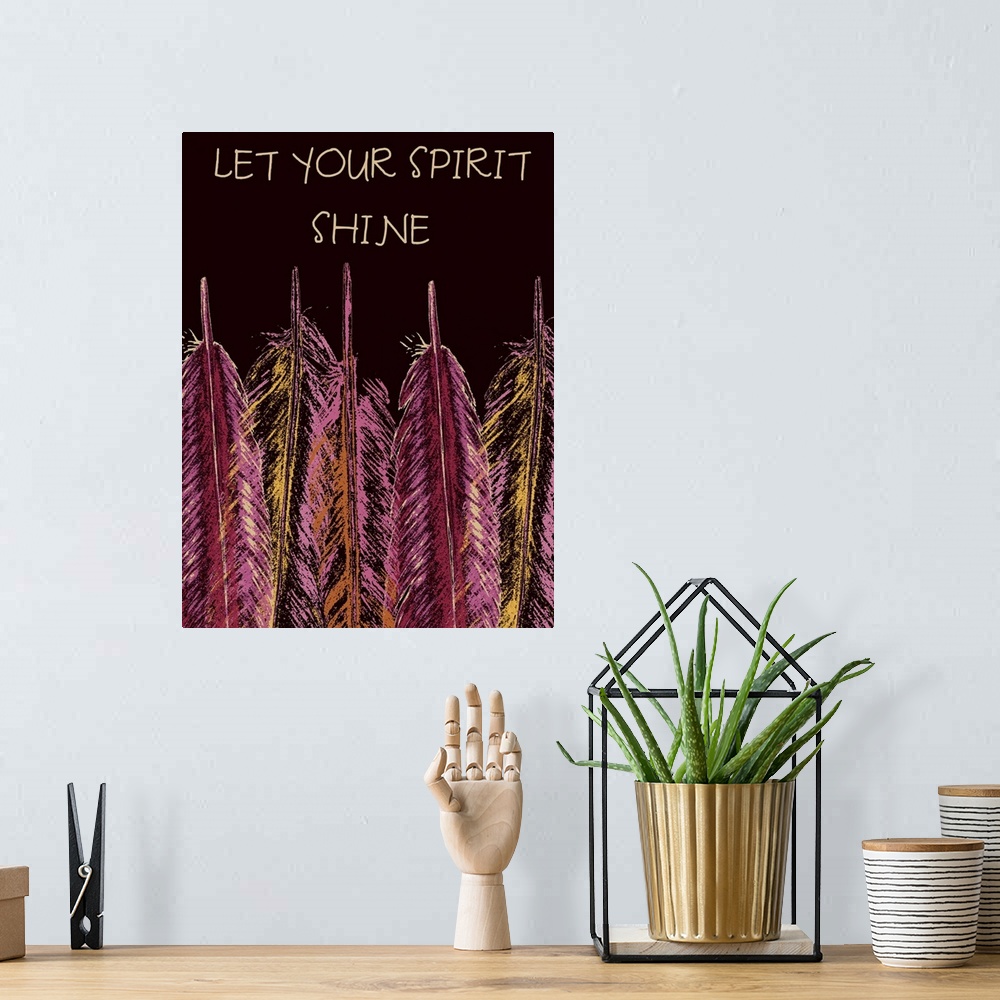 A bohemian room featuring Contemporary home decor artwork of vibrantly colored pink and purple feathers.