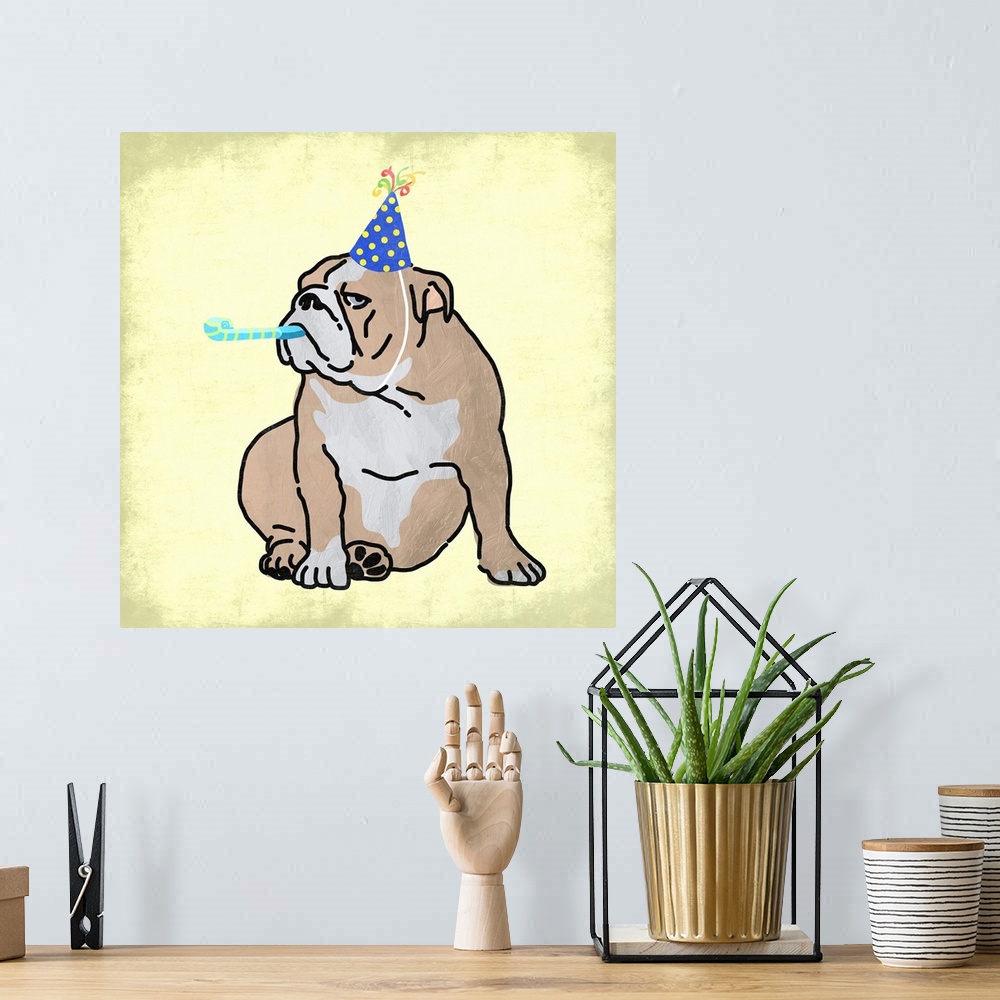 A bohemian room featuring A painting of a dog wearing a party hat and using a noise maker.