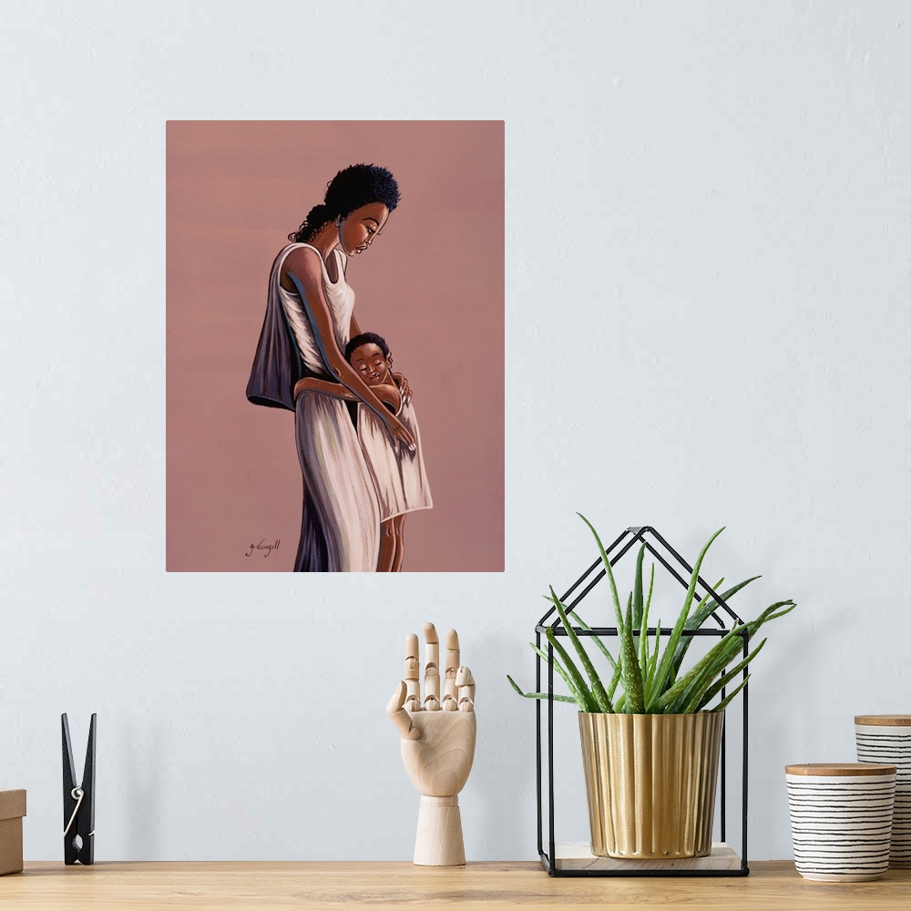 A bohemian room featuring Contemporary African painting of a mother holding her child close.
