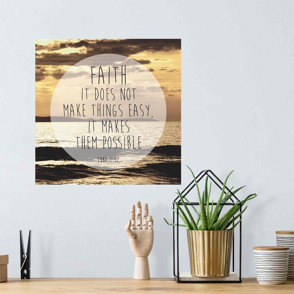 A bohemian room featuring Typography art of a Bible verse over an image of an ocean under an orange sunset sky.