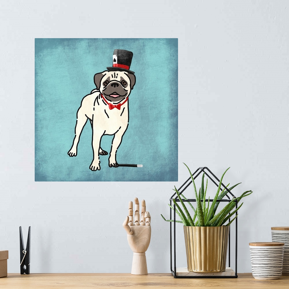 A bohemian room featuring A painting of a pug dressed as a magician.