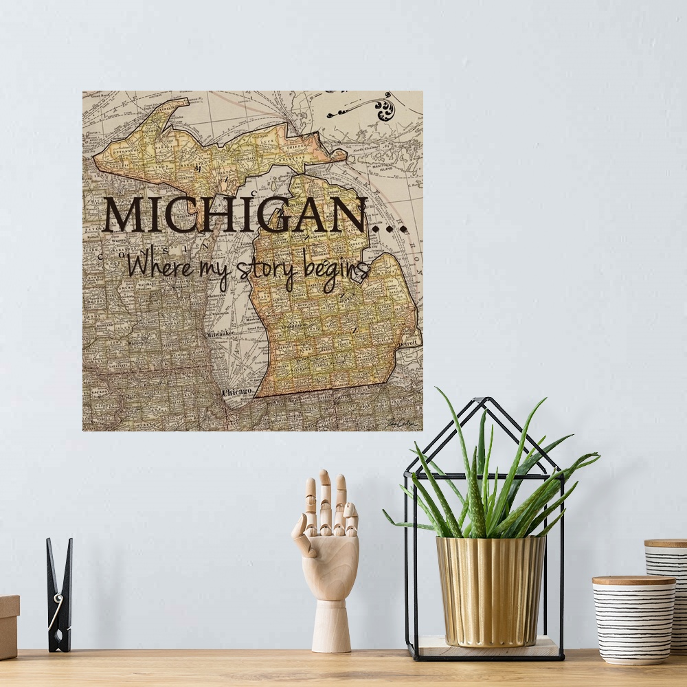 A bohemian room featuring Black text over a map of the state of Michigan.