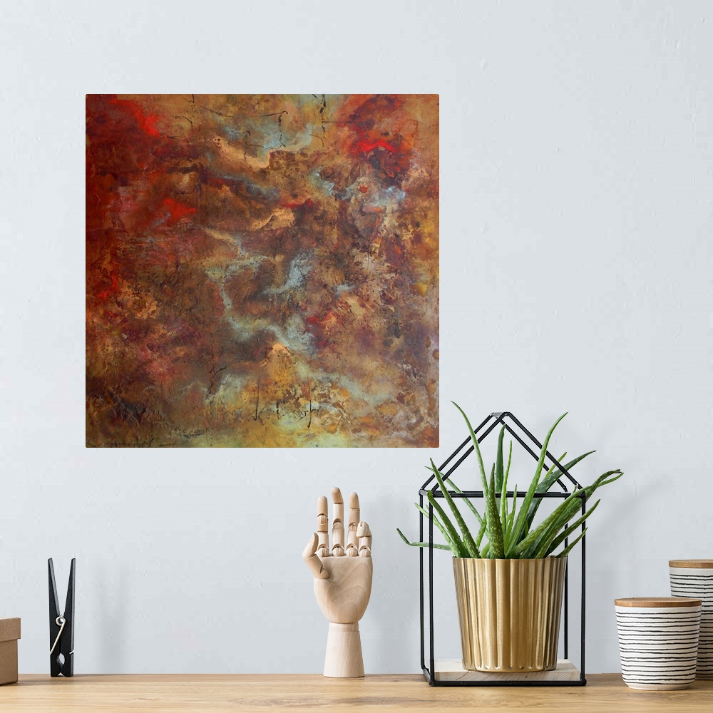 A bohemian room featuring Square abstract painting in metallic copper shades.